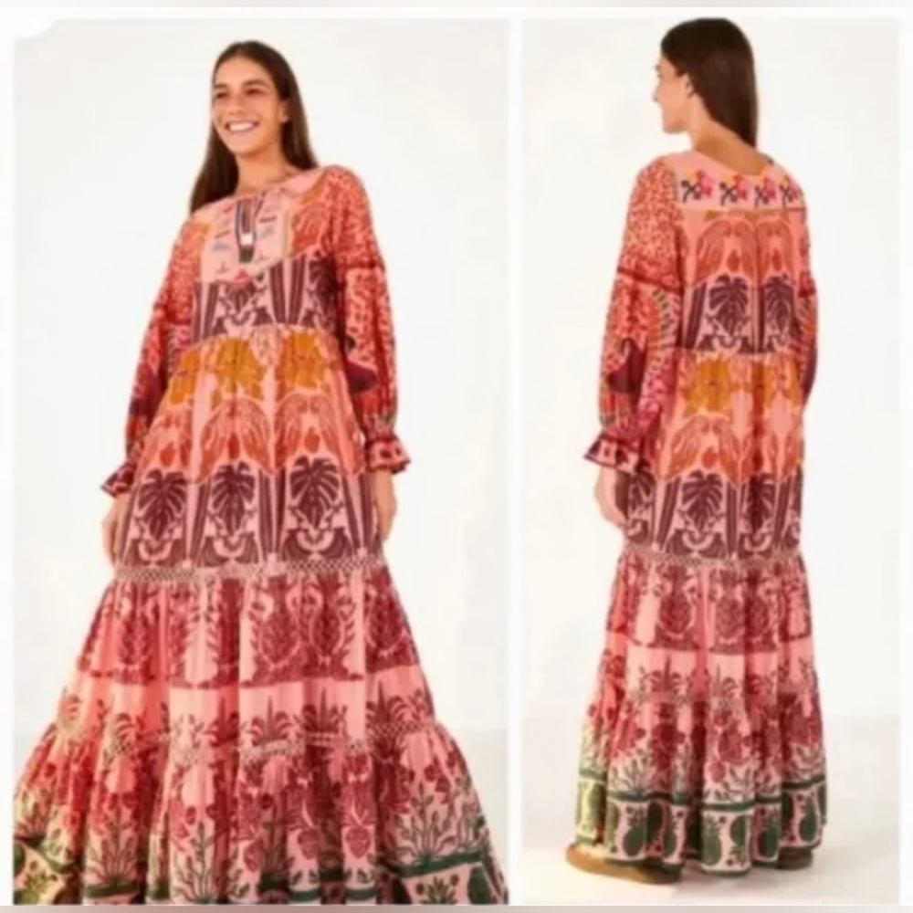 NWOT FARM Rio multi color Ainika Print Macaws Tiered Maxi Dress